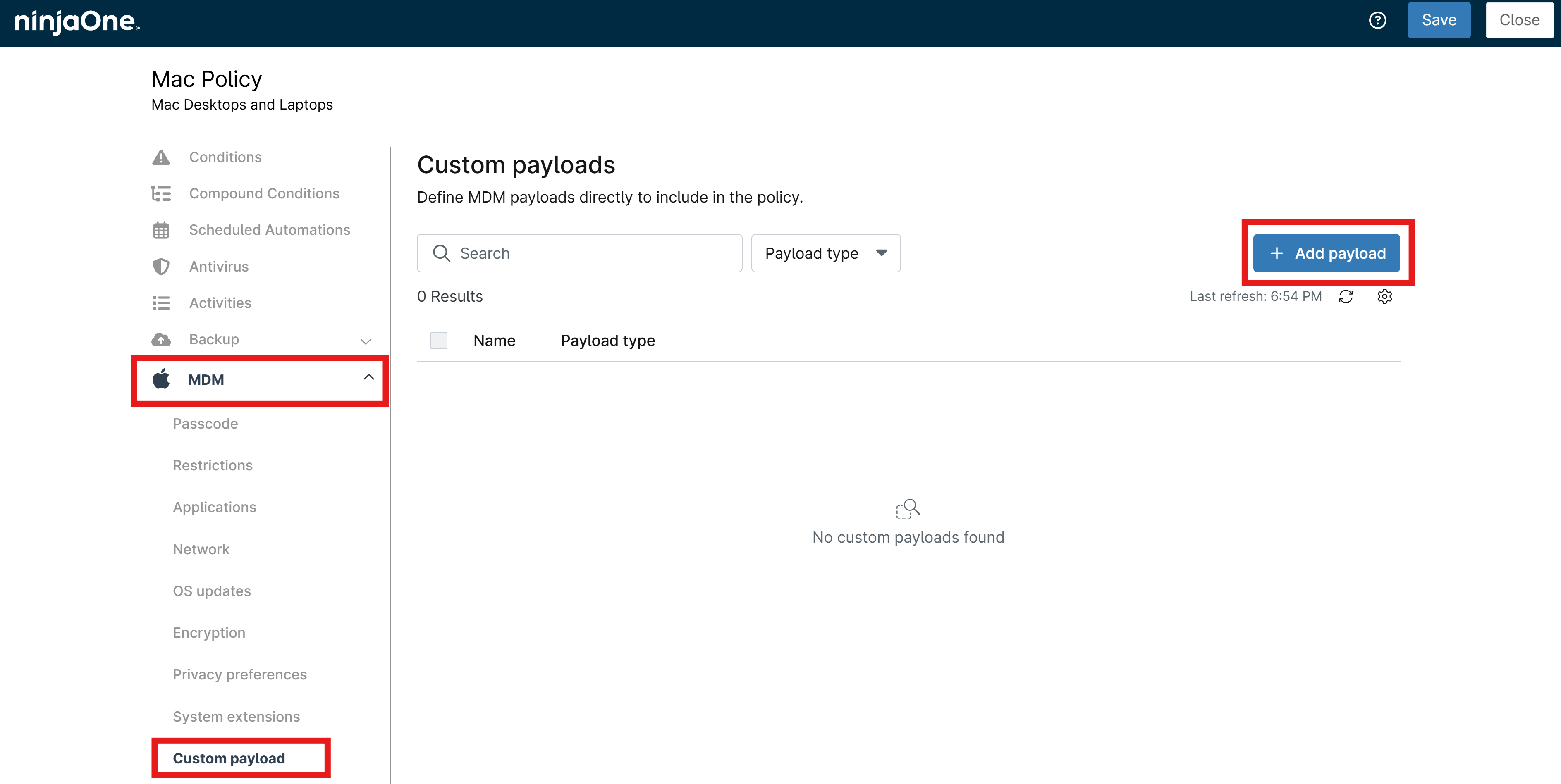 MDM Custom Payload in NinjaOne Agent Policy