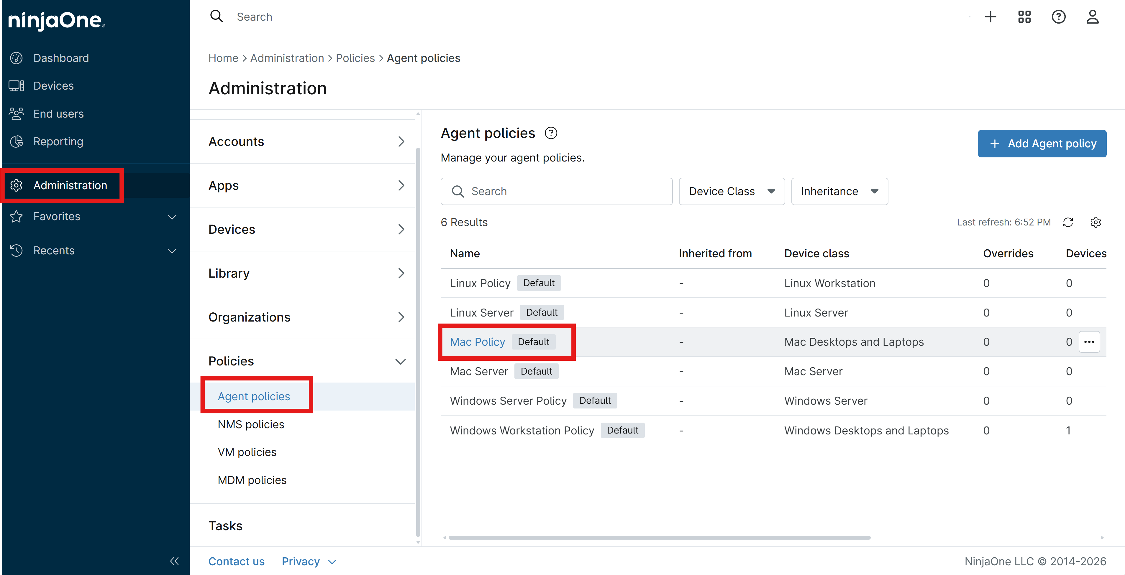 Edit Mac Agent Policy in NinjaOne