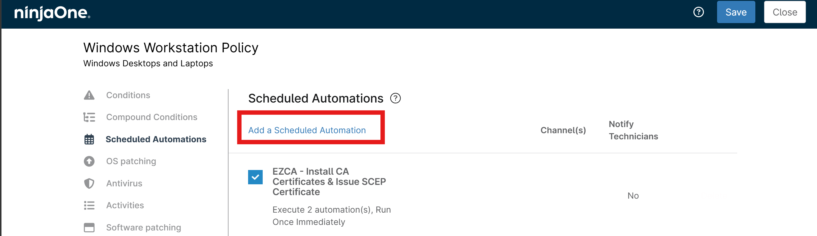Add Scheduled Automation to NinjaOne Policy