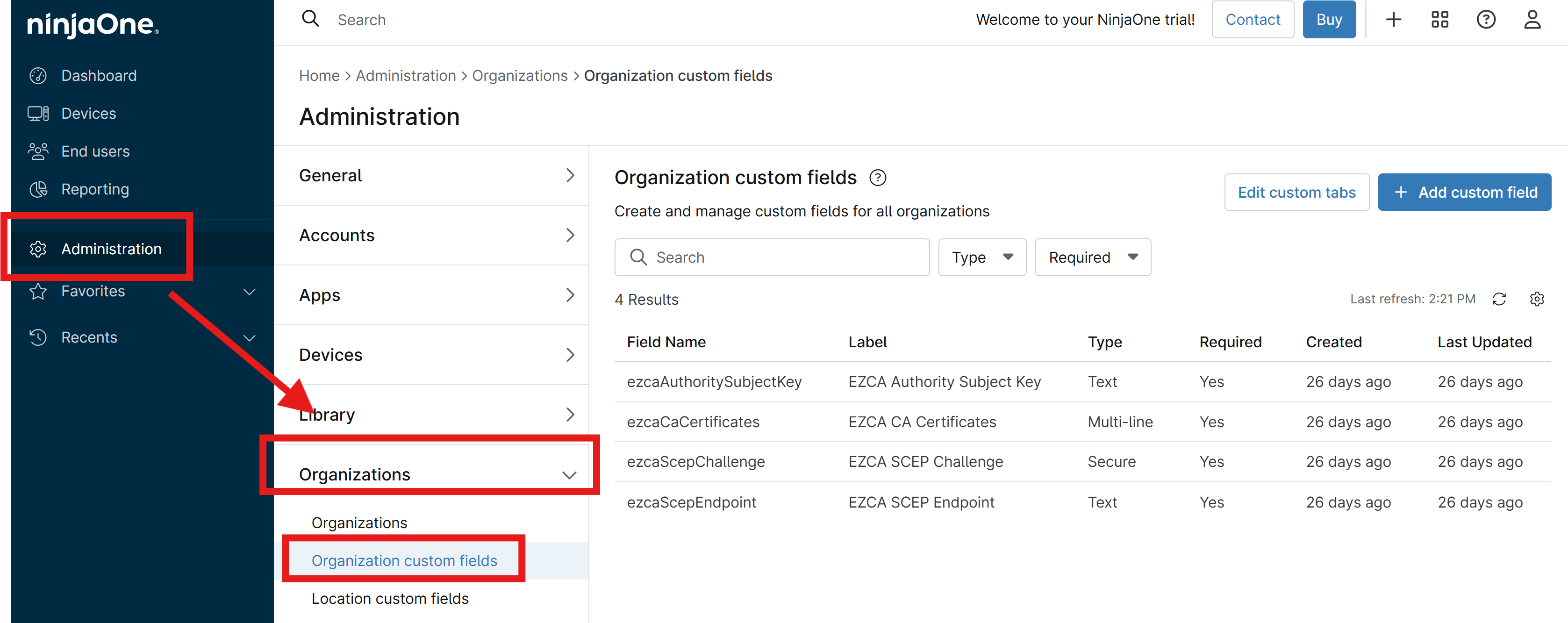 NinjaOne Organization Custom Fields