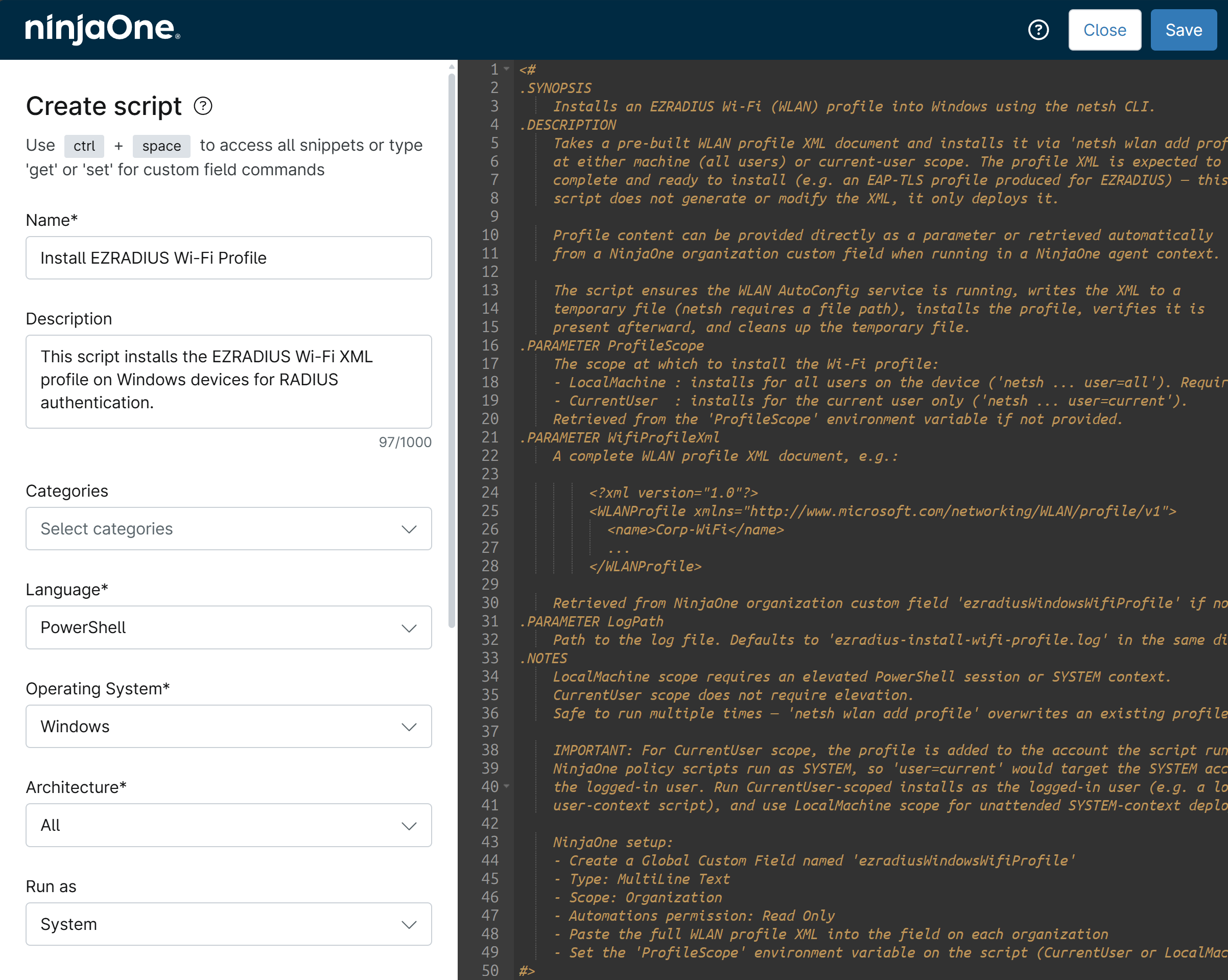 NinjaOne Automation Script Editor