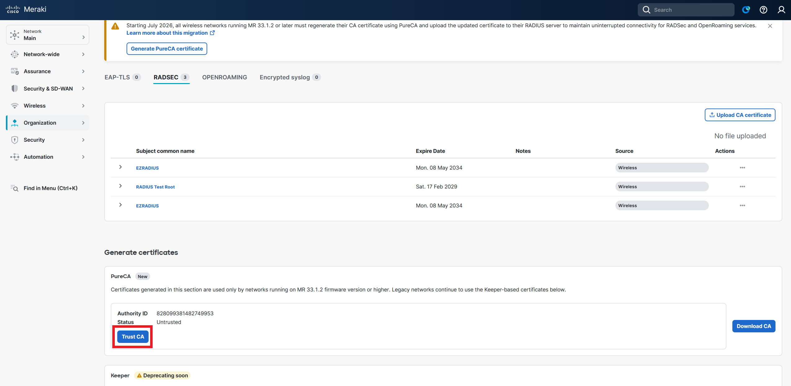 How to Trust your CA in Pure CA Cisco Meraki