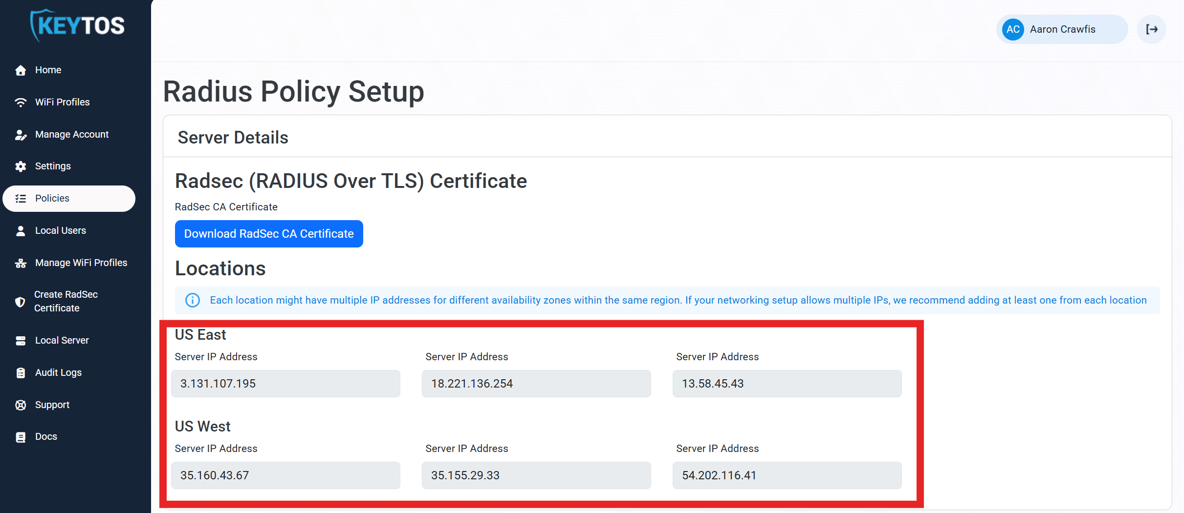 EZRADIUS portal showing RADIUS server IP address