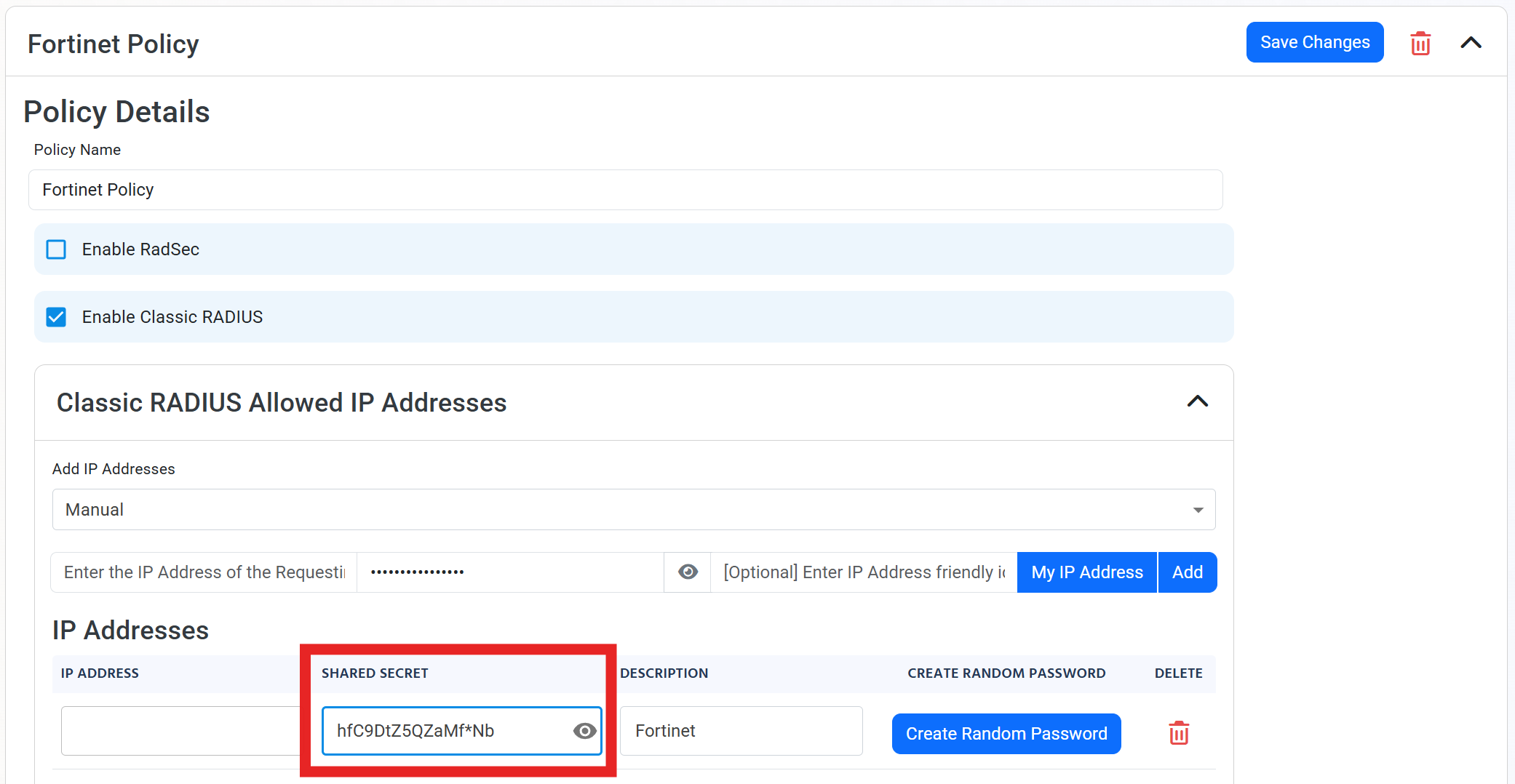 EZRADIUS portal showing Shared Secret