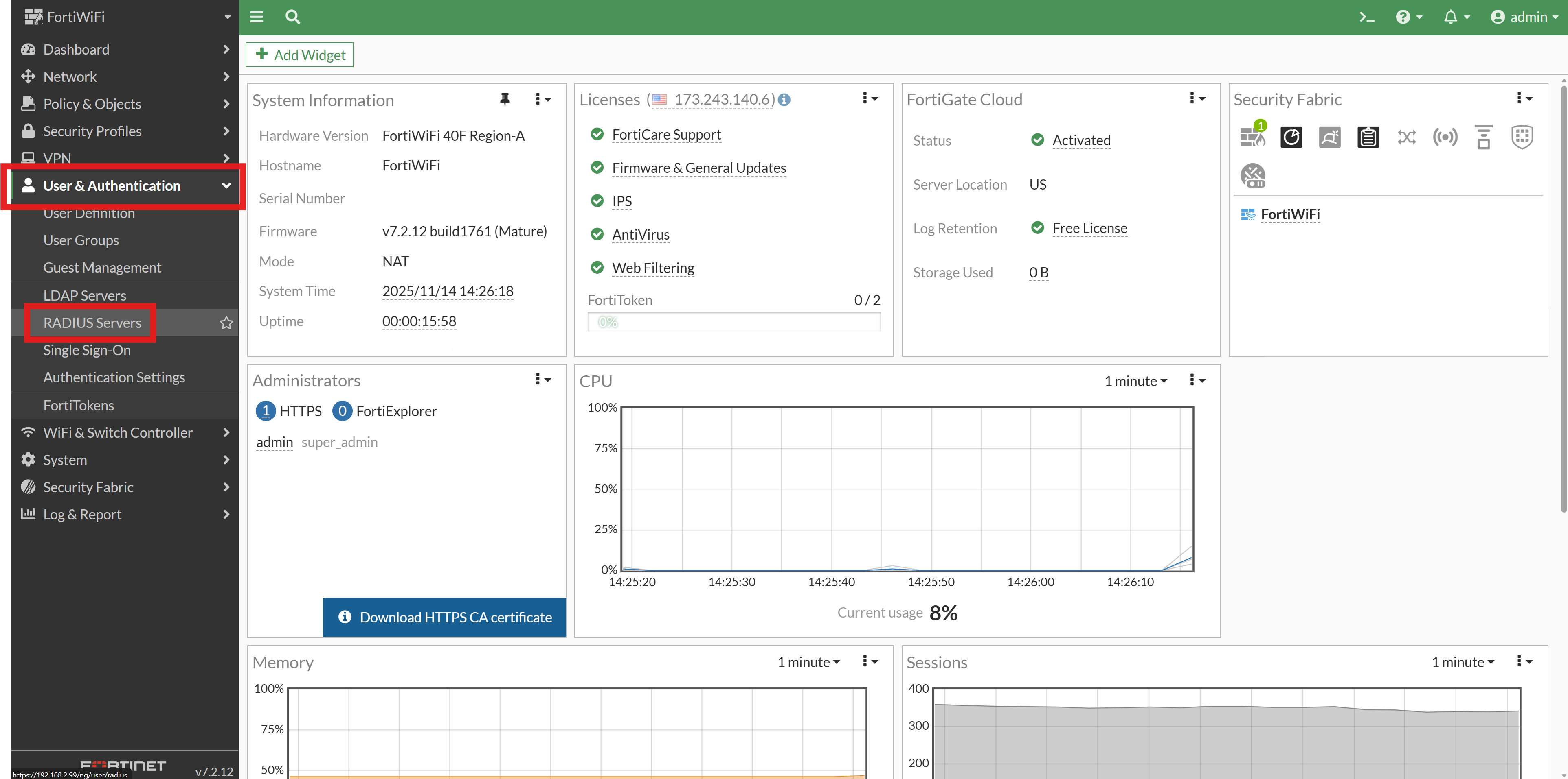 Fortinet Dashboard with RADIUS Servers selected