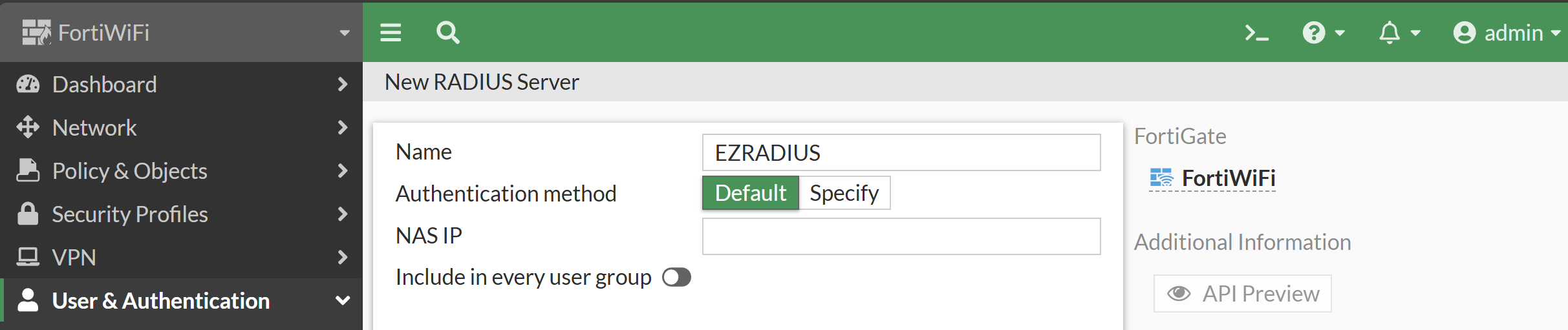 Fortinet RADIUS Server details form