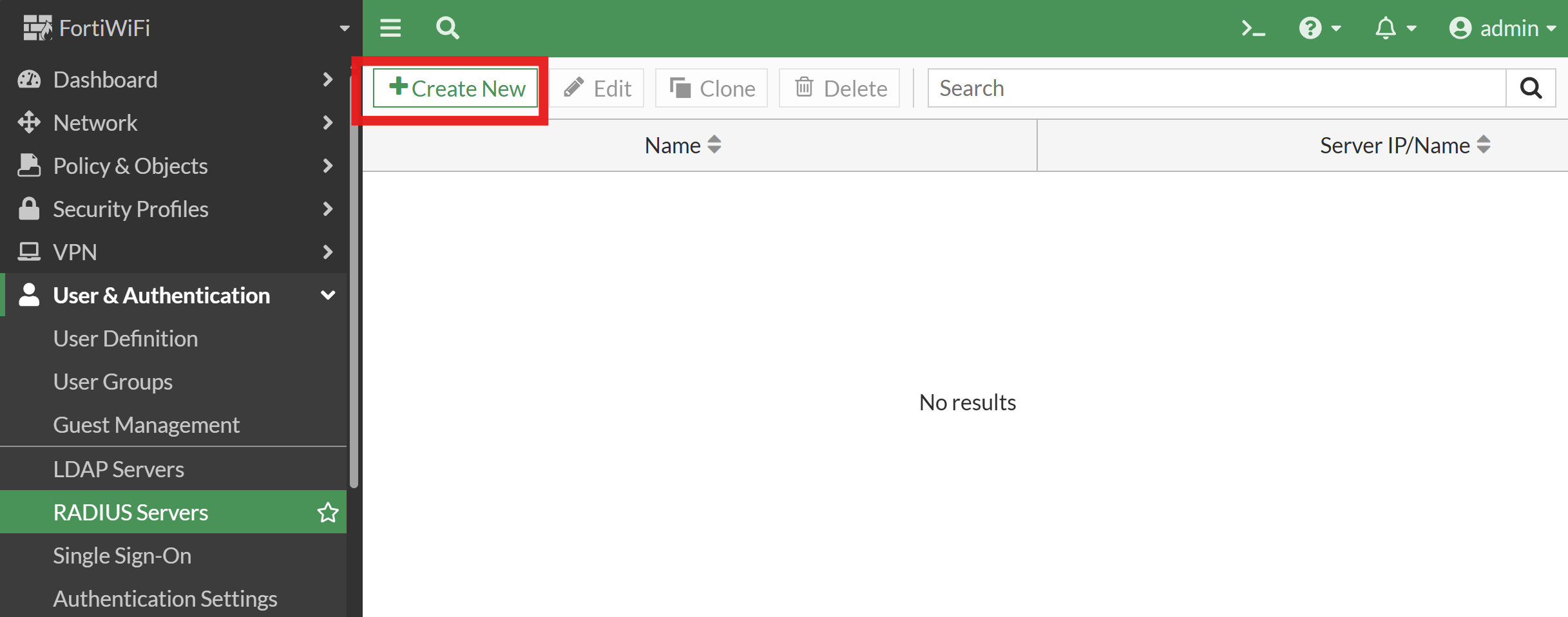 Fortinet RADIUS Servers page with Create New button highlighted