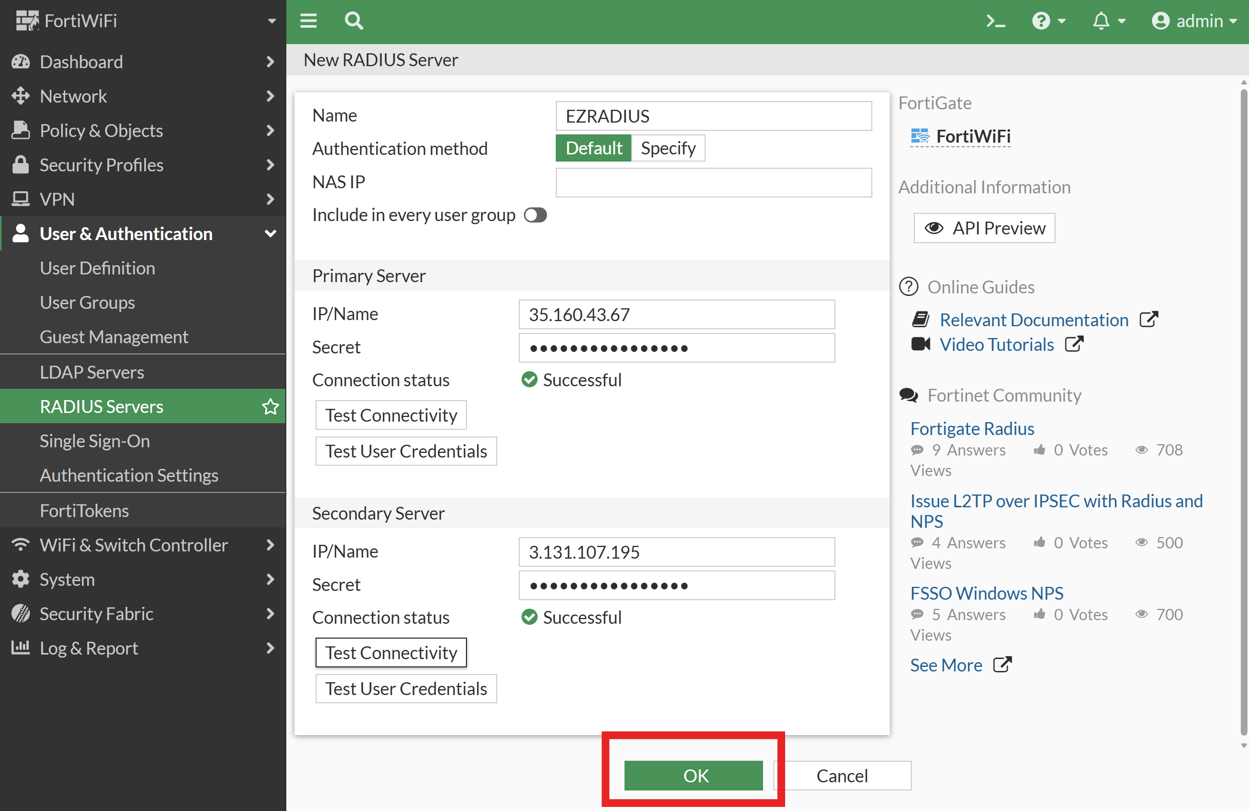 Fortinet RADIUS Servers list showing newly added servers