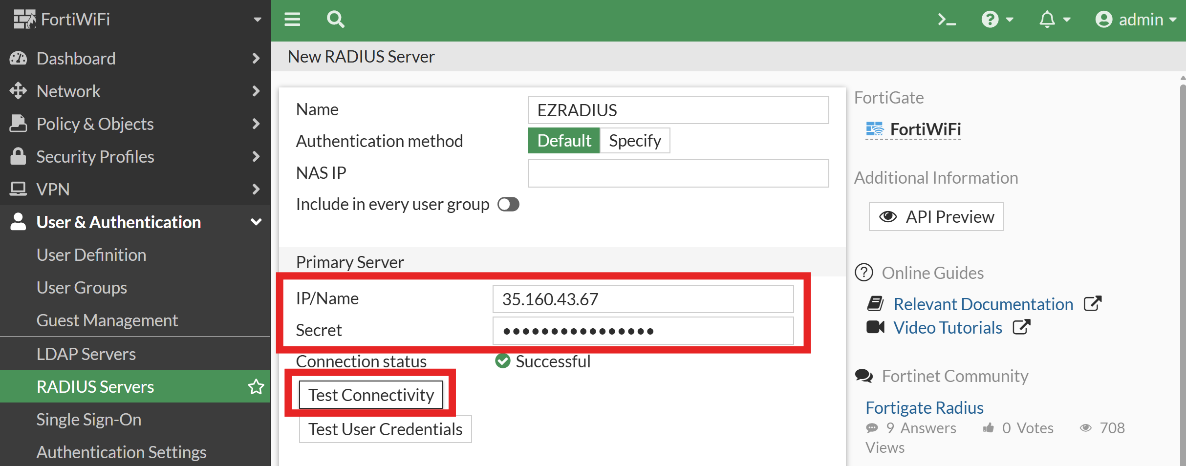 Fortinet RADIUS Server configuration with Test Connectivity button highlighted