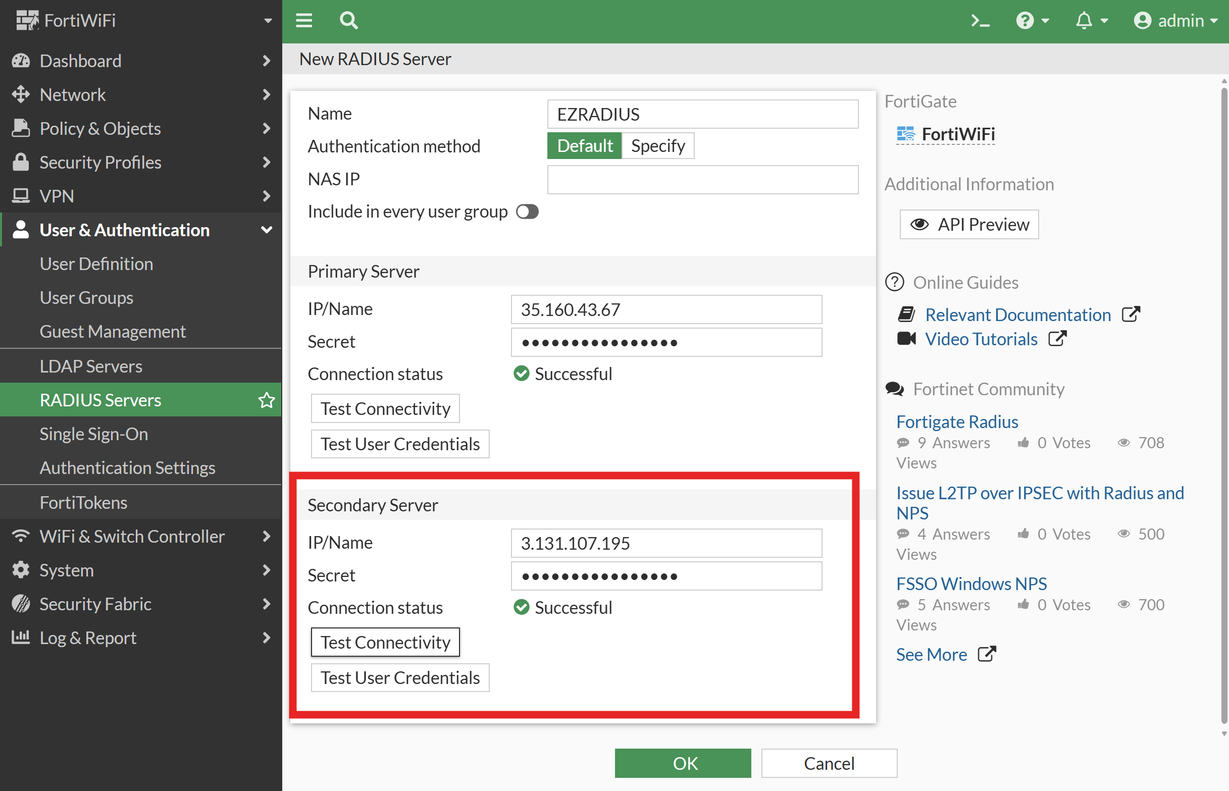 Fortinet RADIUS Server configuration with Secondary Server details