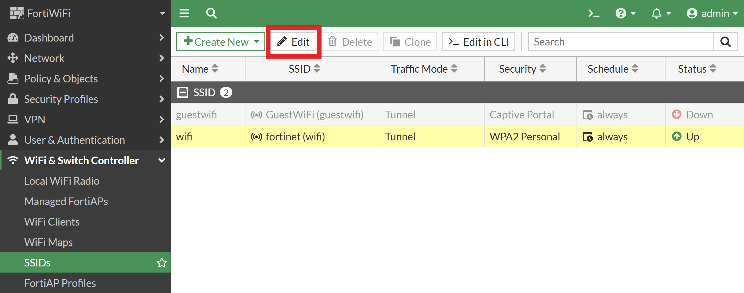 Fortinet SSID list with Edit button highlighted