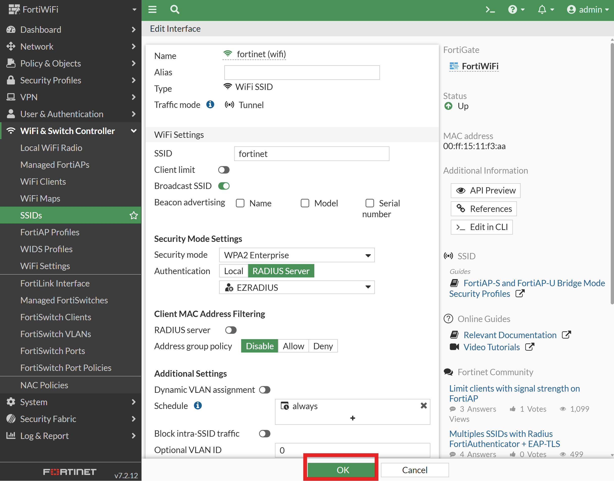 Fortinet SSID list showing updated SSID