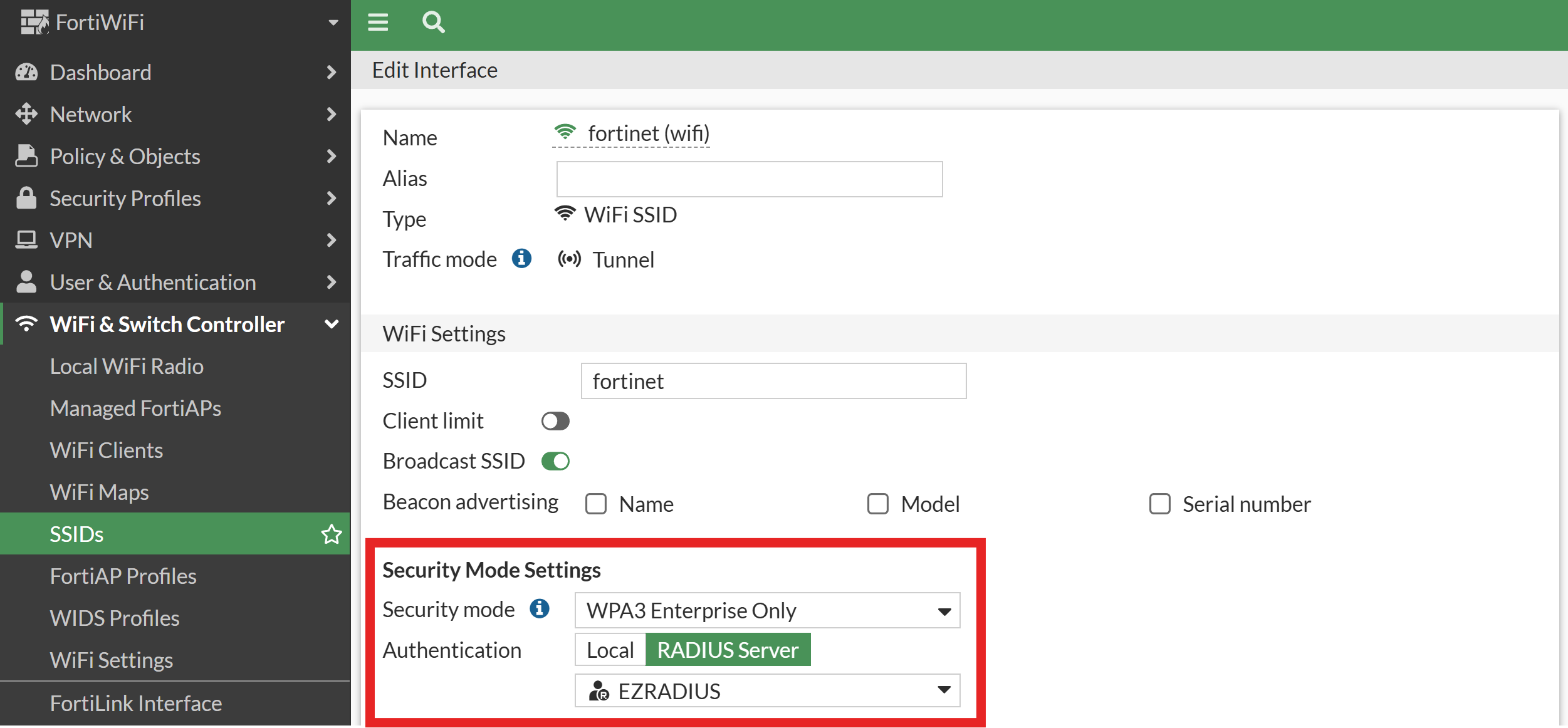 Fortinet SSID Security Settings with RADIUS Server selected