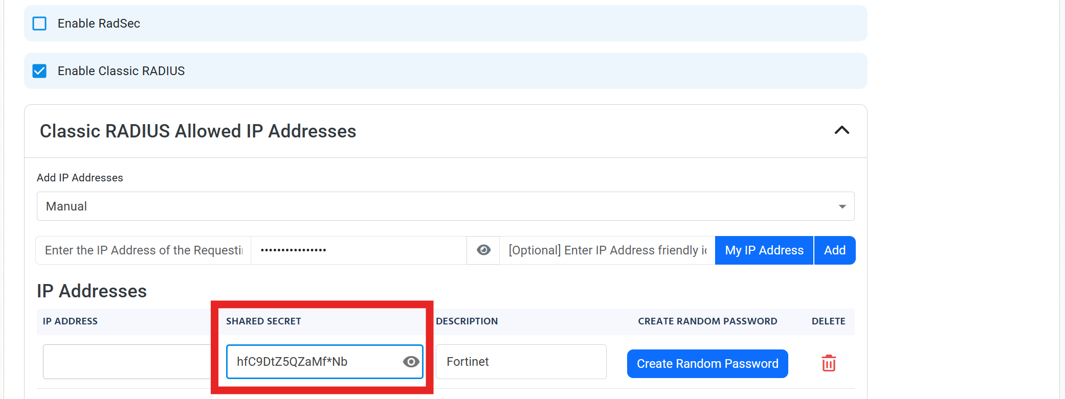 EZRADIUS portal showing Shared Secret