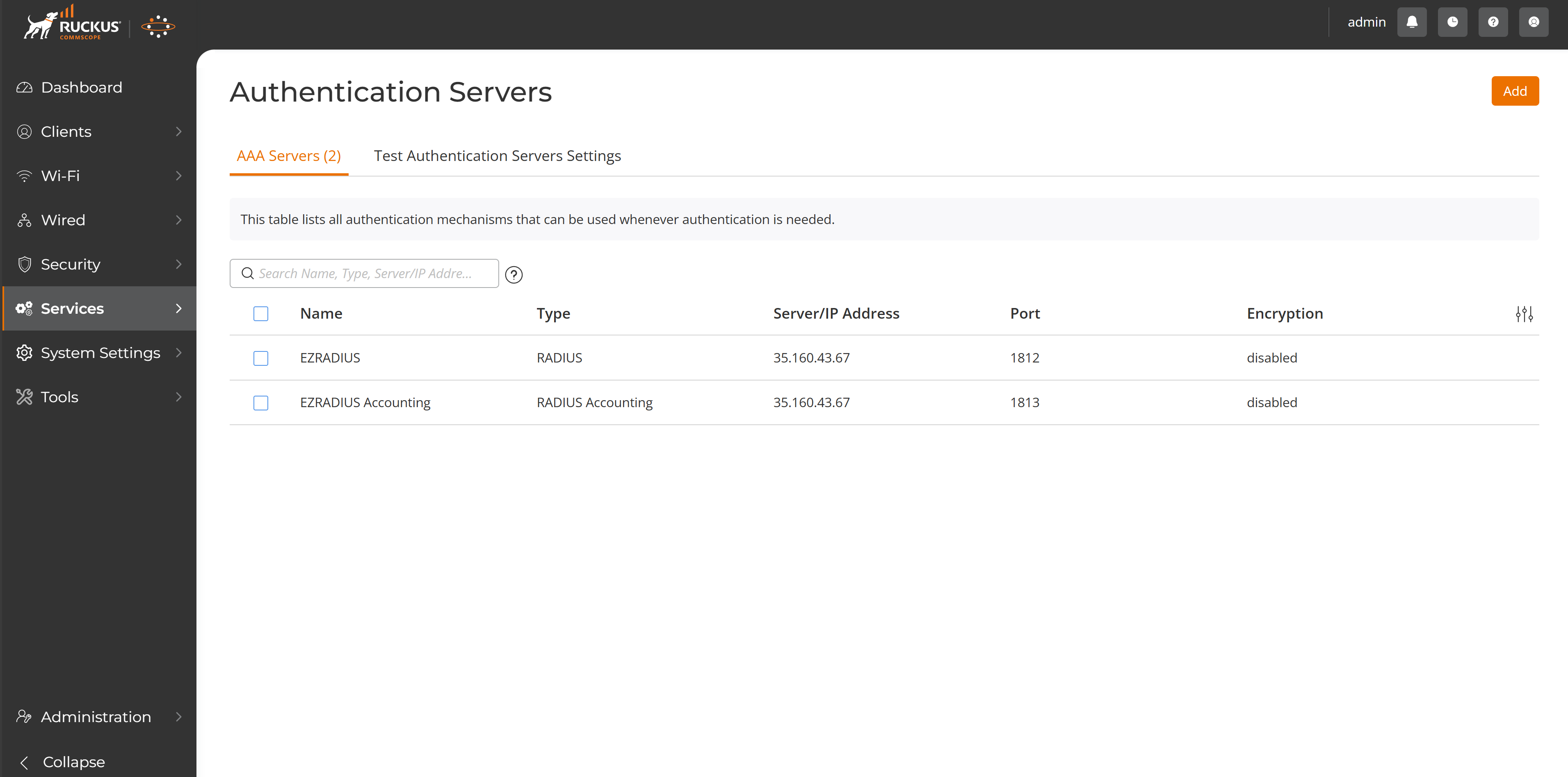 Ruckus Unleashed dashboard with RADIUS Servers and Accounting Servers configured