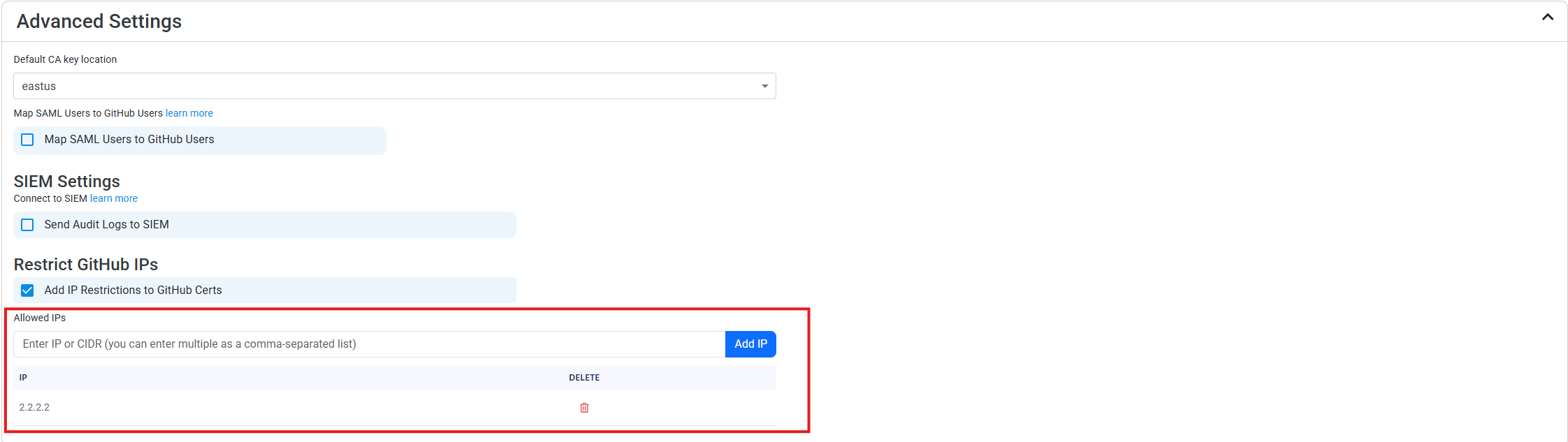 Enter Allowed IP Addresses for GitHub SSH Certificates