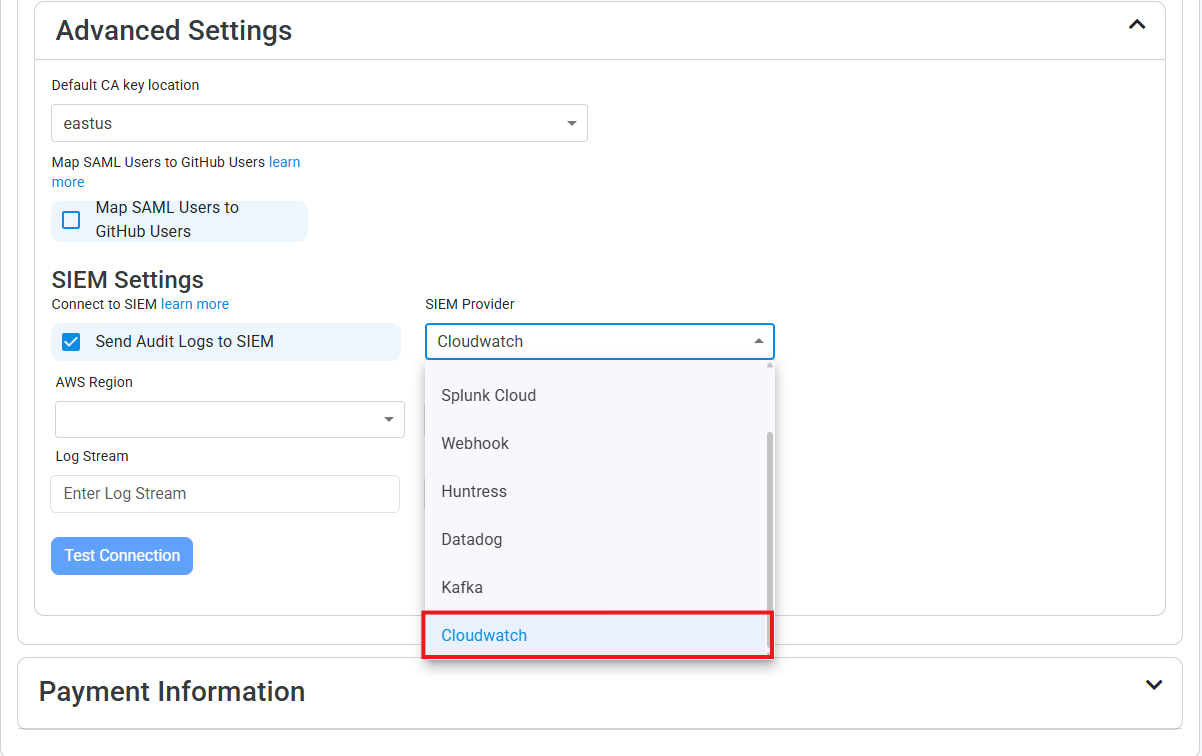 Set CloudWatch as the SIEM in EZSSH