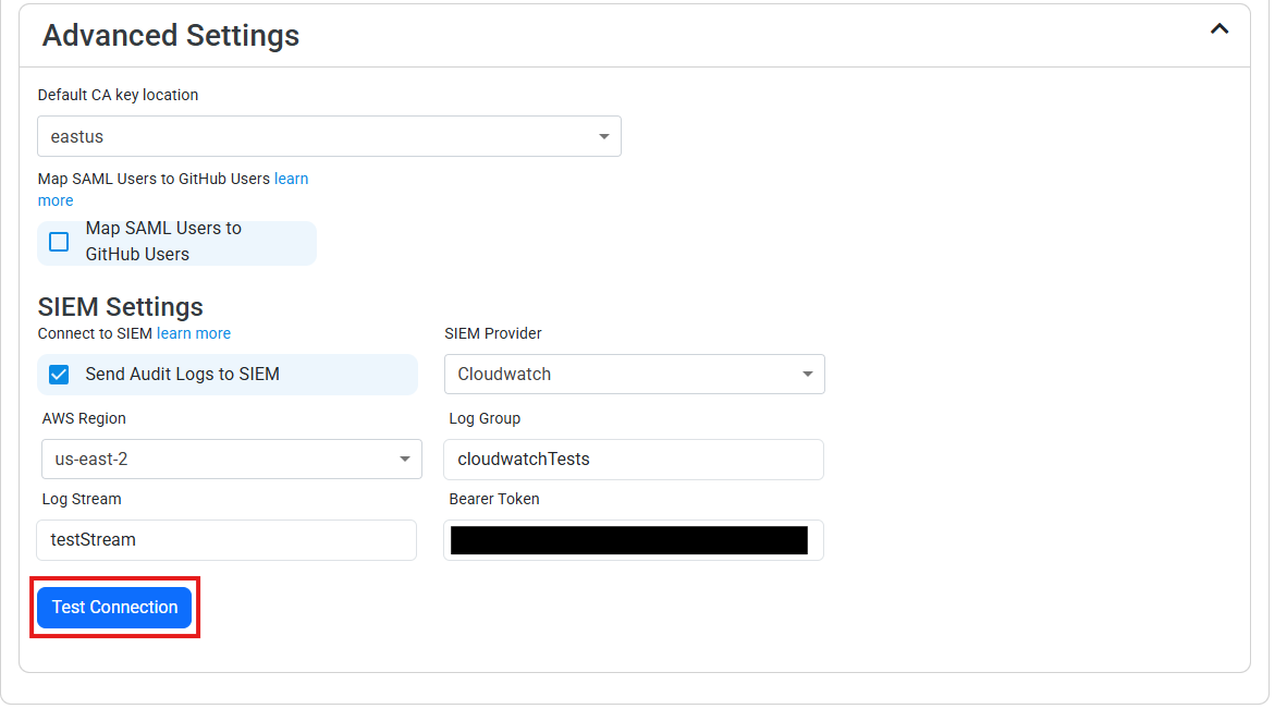 CloudWatch Paste Values and Test Connection