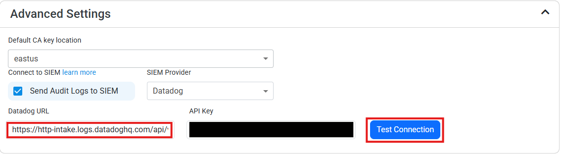 Datadog Paste Values and Test Connection