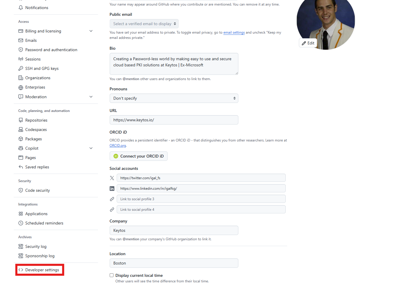 Git Hub Developer Settings