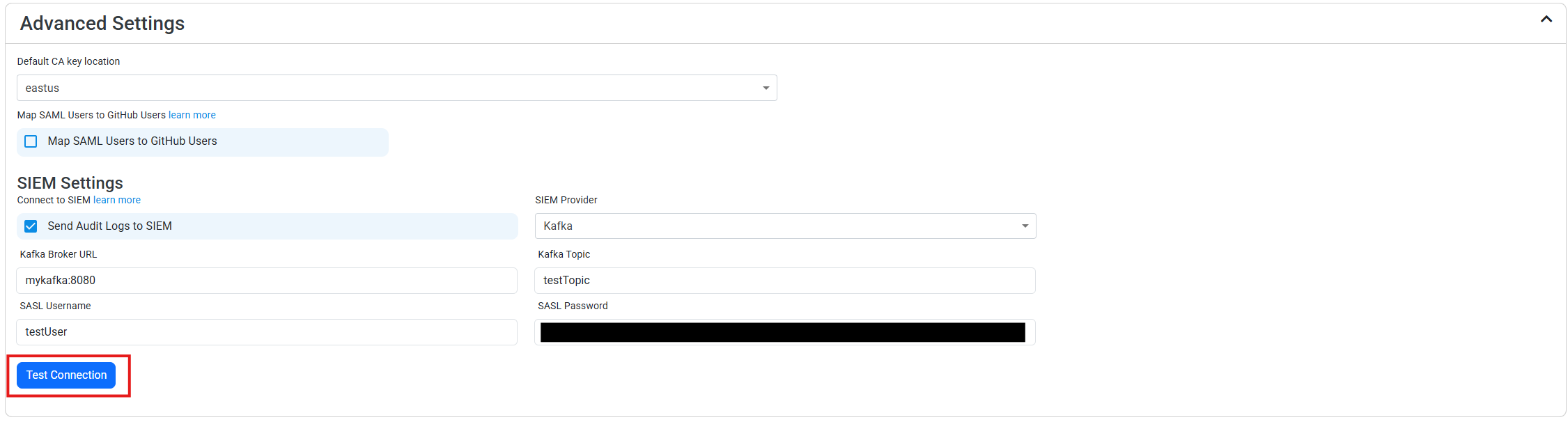 Kafka Paste Values and Test Connection