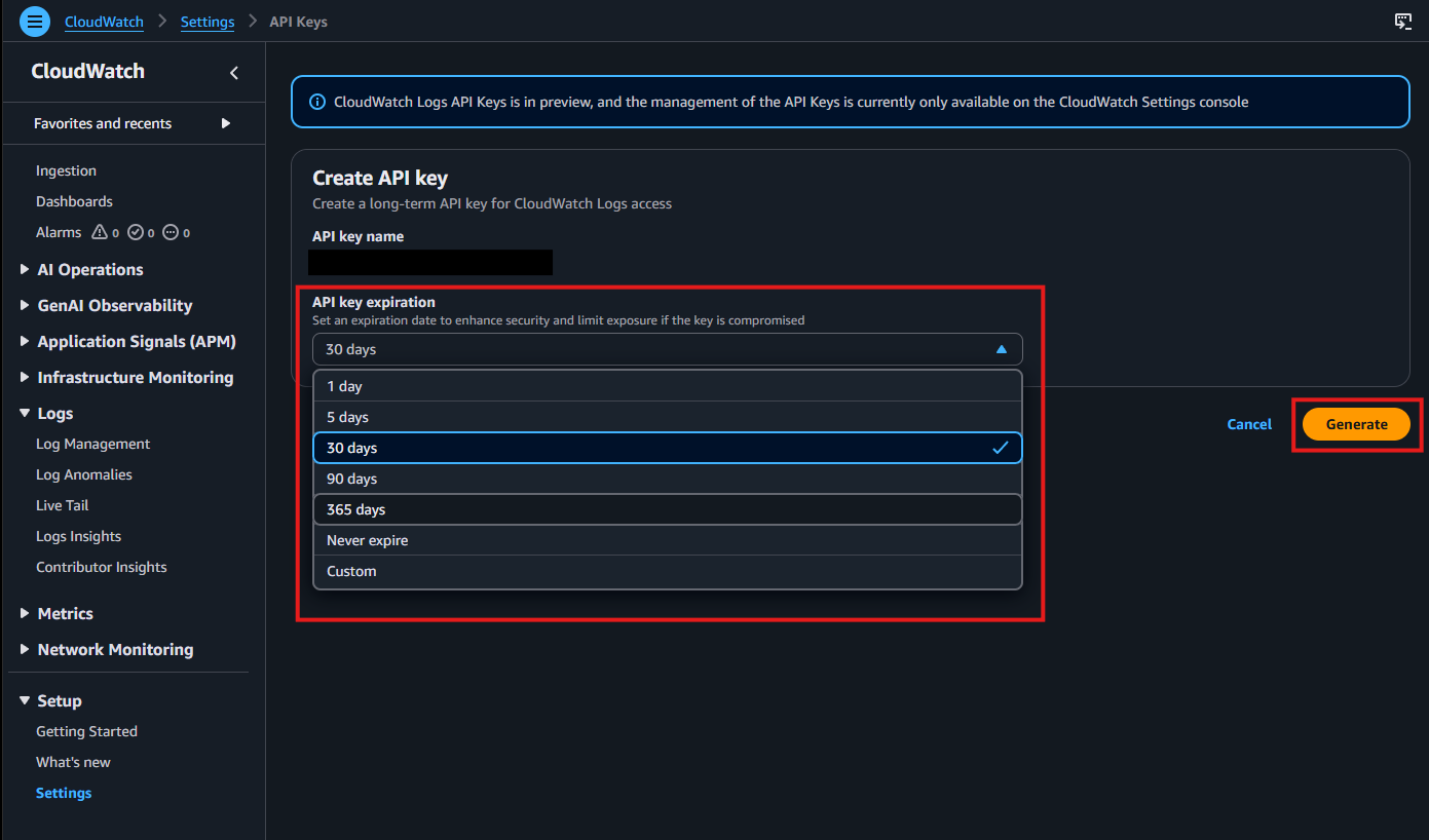 CloudWatch API key generation screenshot