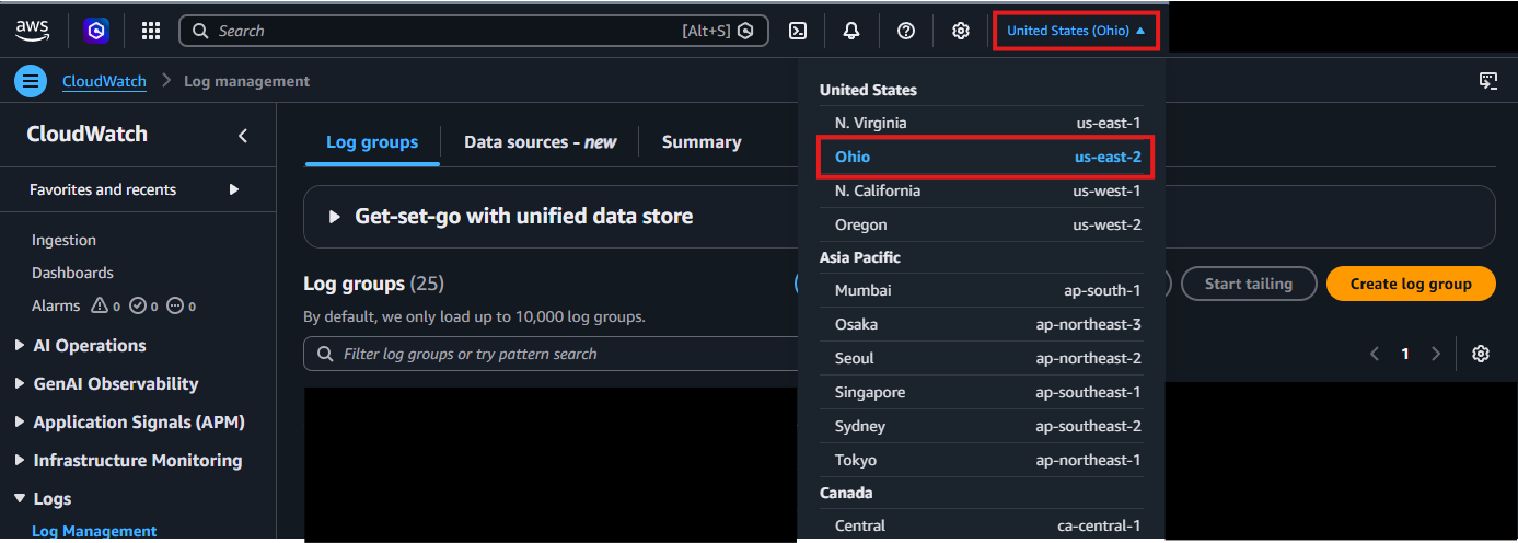 CloudWatch region selection screenshot