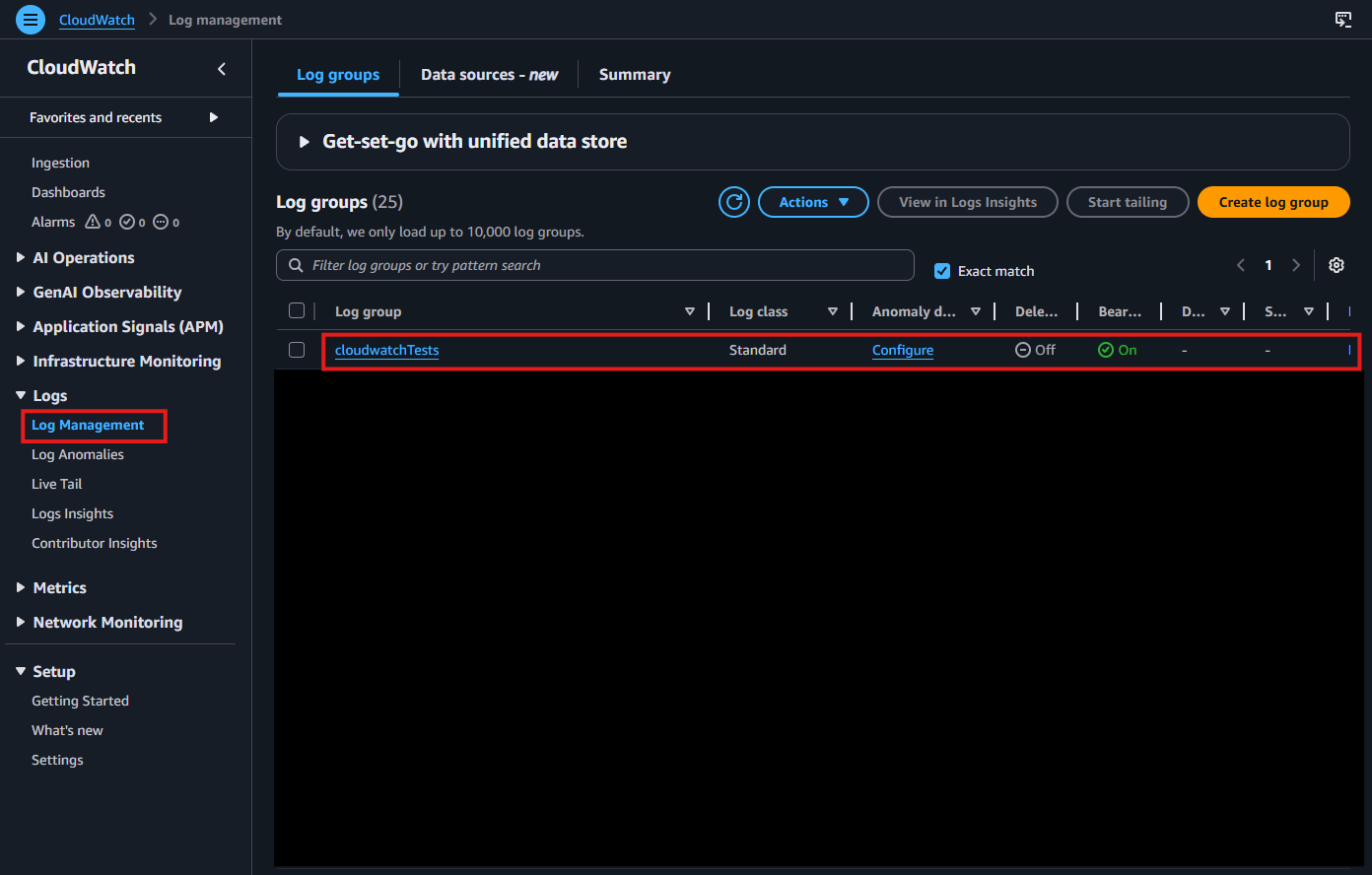 CloudWatch log group selection screenshot