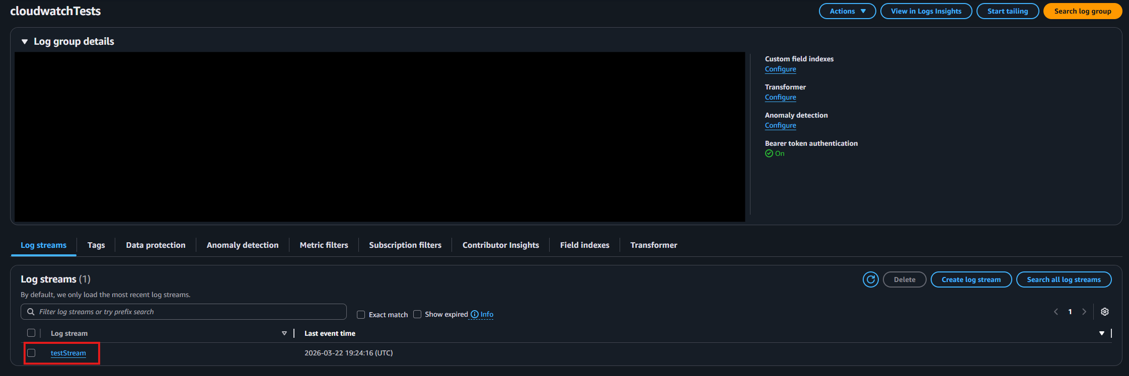 CloudWatch log stream identification screenshot