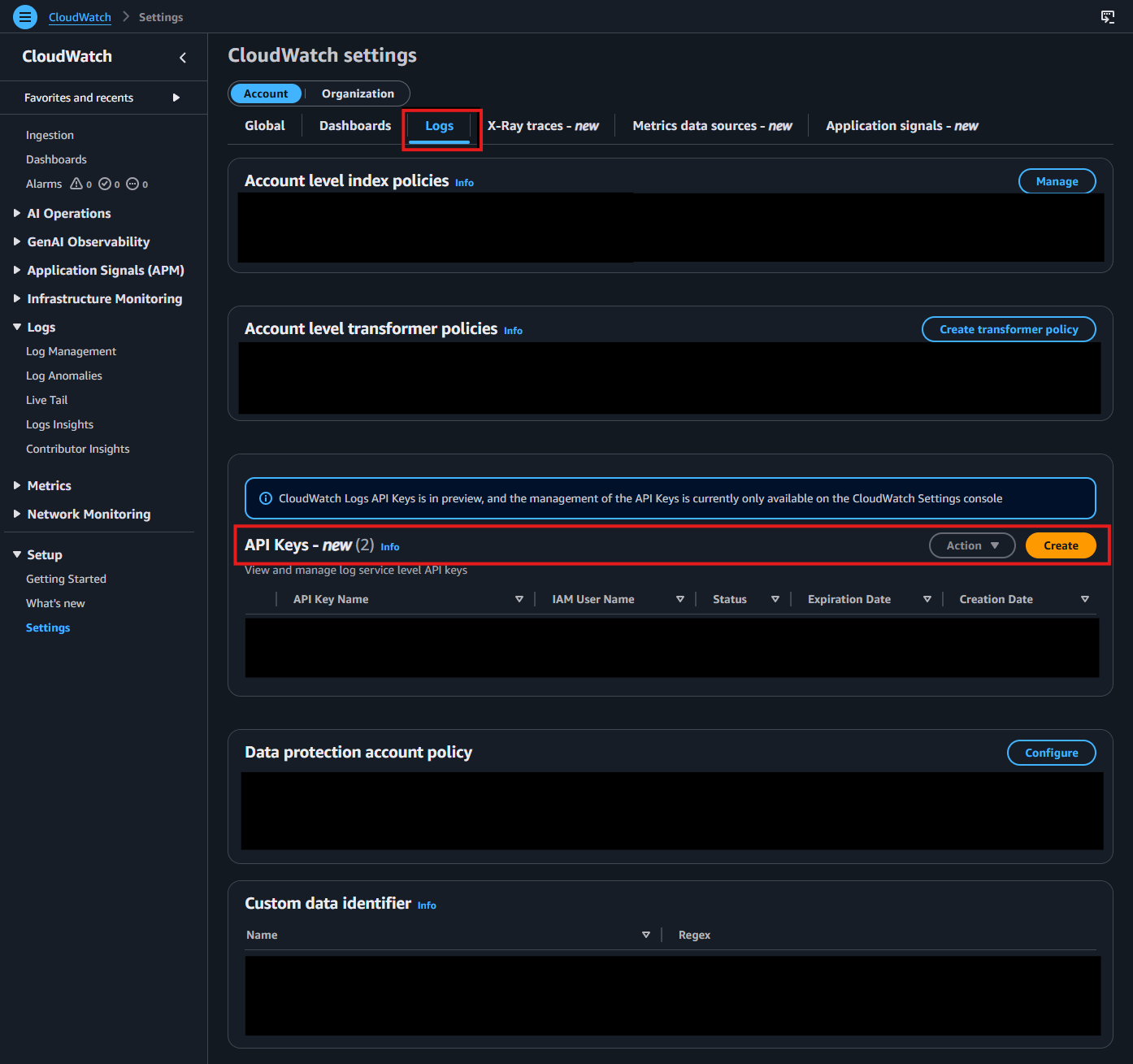 CloudWatch Logs tab and API Keys section screenshot
