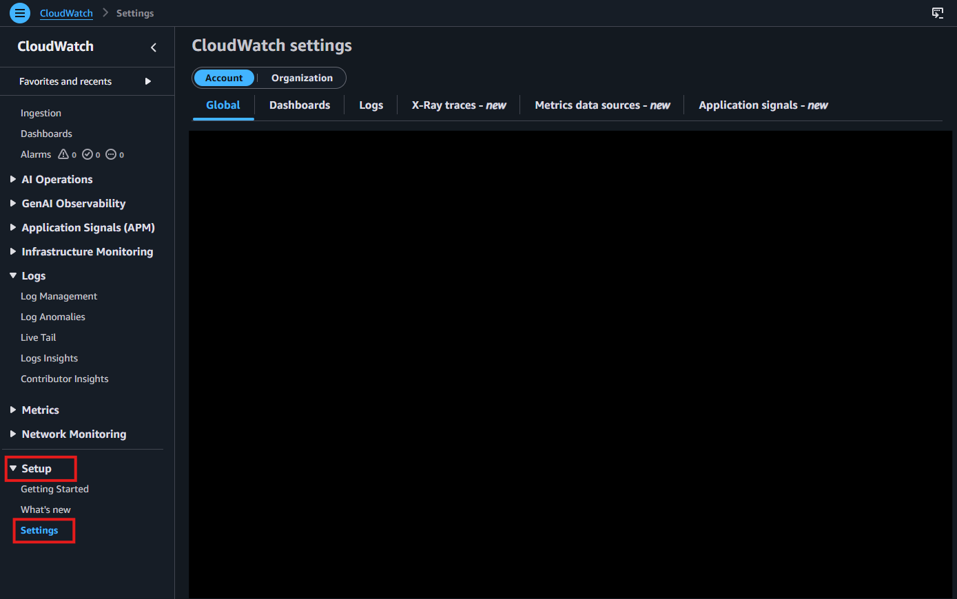 CloudWatch settings navigation screenshot