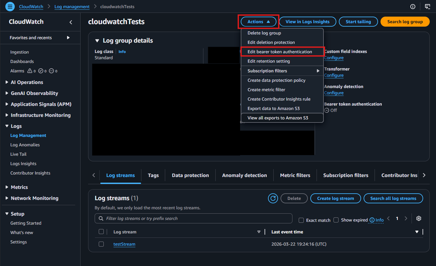 CloudWatch bearer token authentication option screenshot