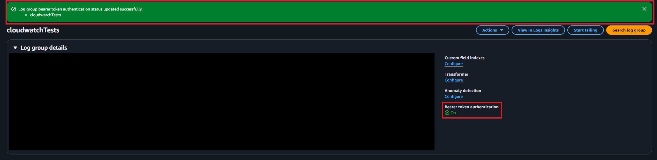 CloudWatch bearer token authentication confirmation screenshot