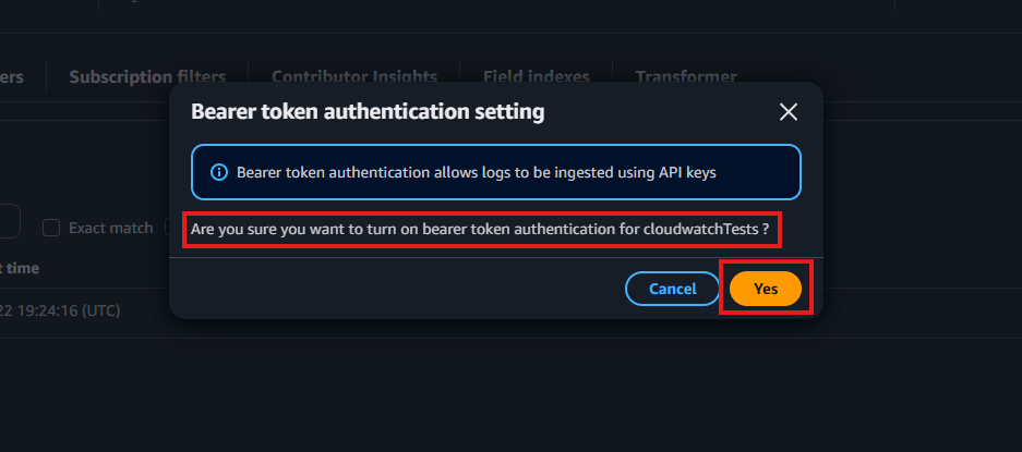 CloudWatch enable bearer token authentication screenshot