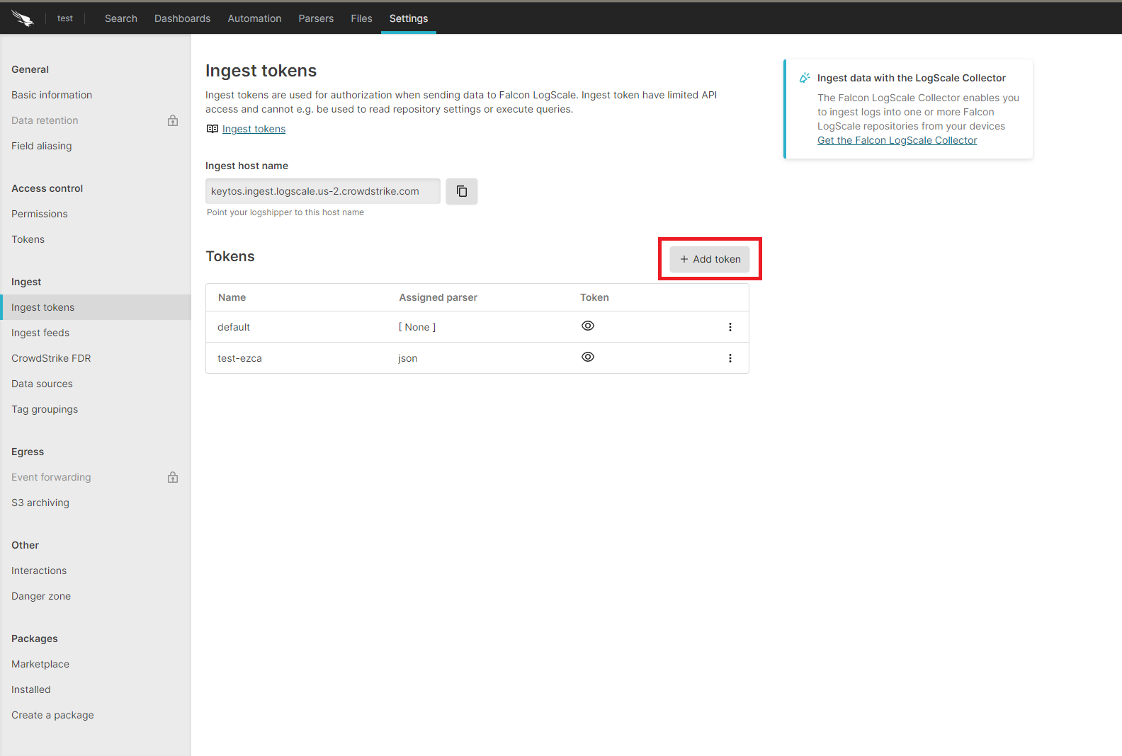 Create Ingest Token in CrowdStrike Falcon LogScale