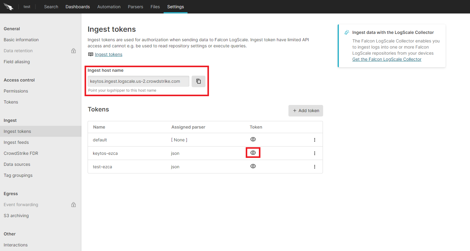Copy the CrowdStrike Falcon LogScale token for EZSSH