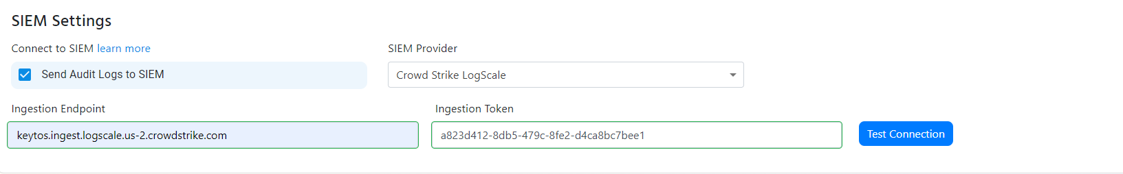 EZSSH Advanced Settings showing CrowdStrike Falcon LogScale SIEM configuration with Test Connection button highlighted
