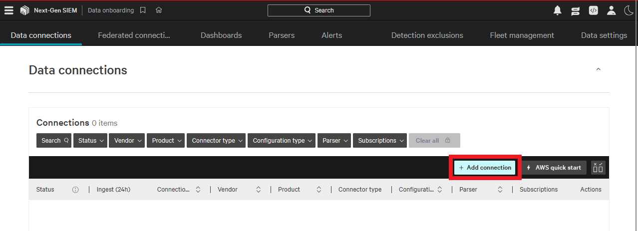 Click Add Connection button in Next-Gen SIEM