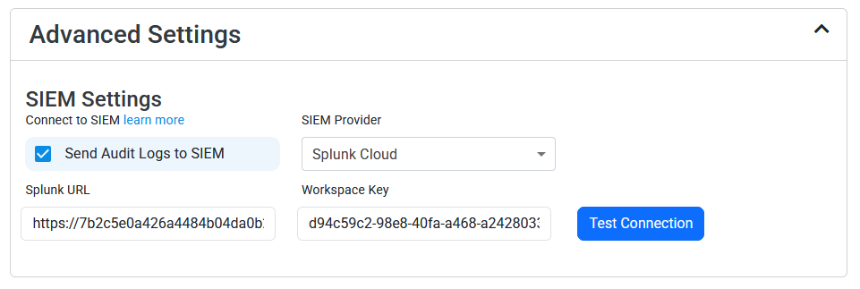 EZSSH with Advanced Settings Expanded showing Configuration for Next-GEN SIEM