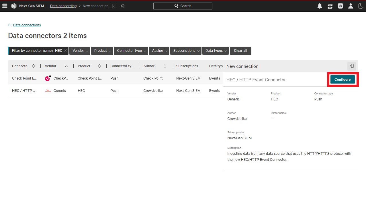 New Connection Dialog configure Data Connector in Next-Gen SIEM