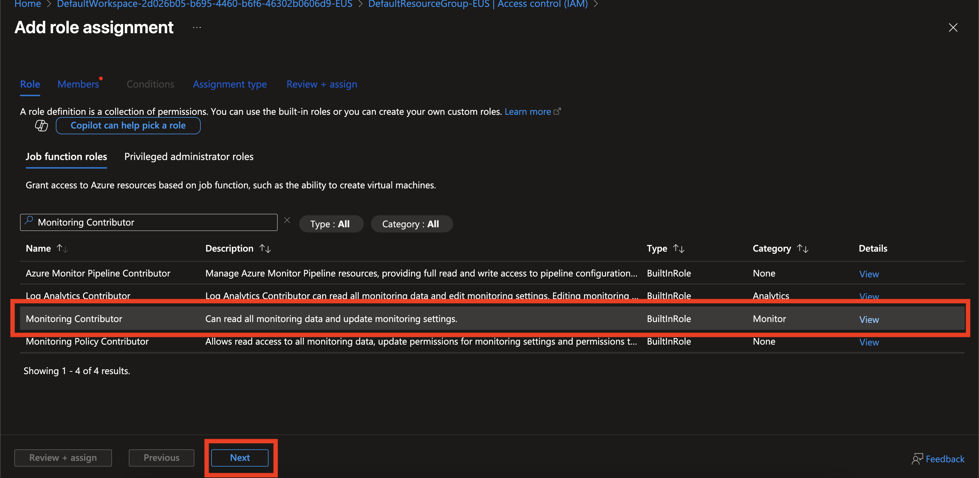 Search for Monitoring Contributor in List of Azure Roles