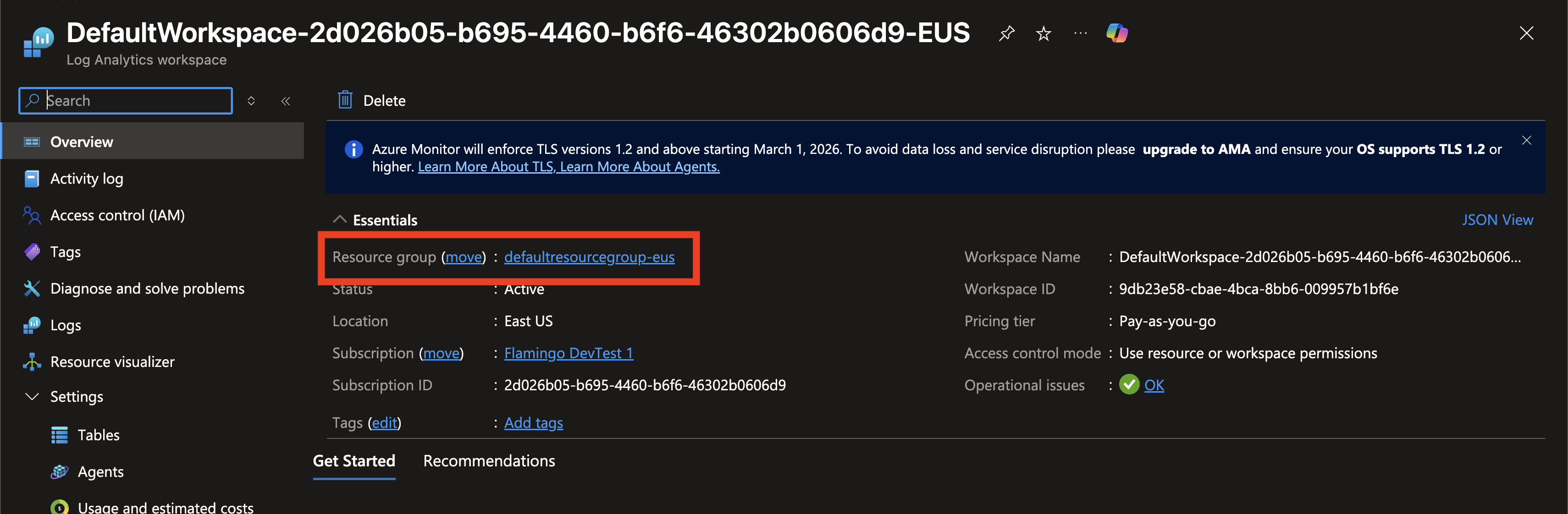 Select Resource Group of Log Analytics Workspace