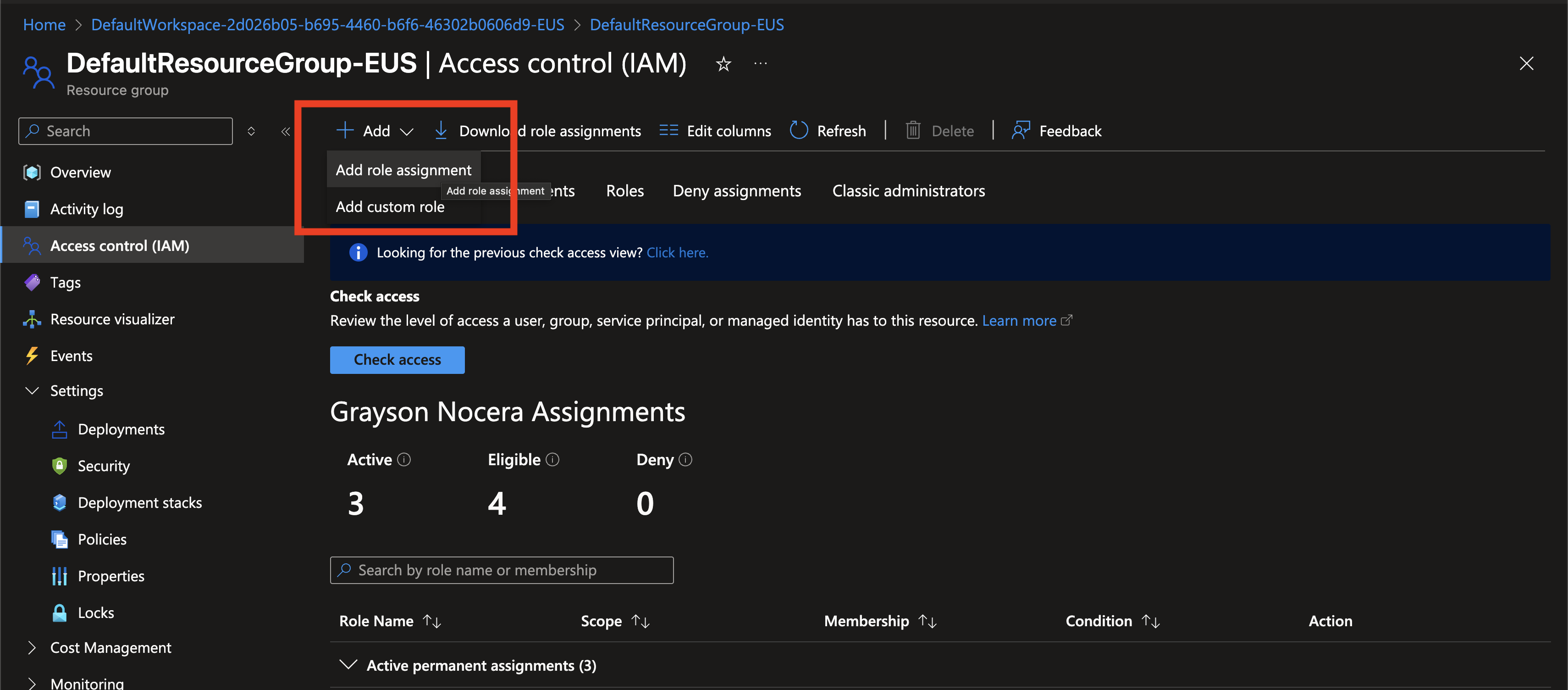 Select Add Role Assignment in Resource Group