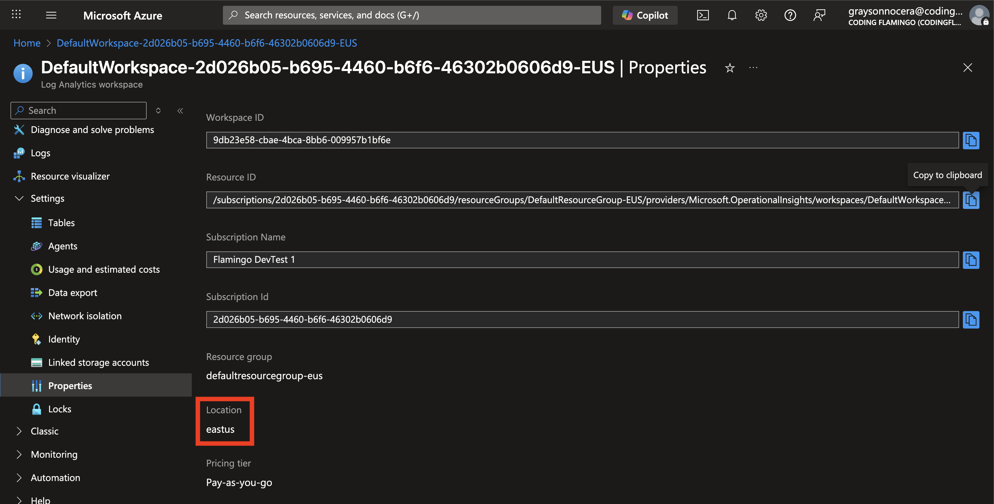 Azure Log Analytics for Sentinel Copy Location
