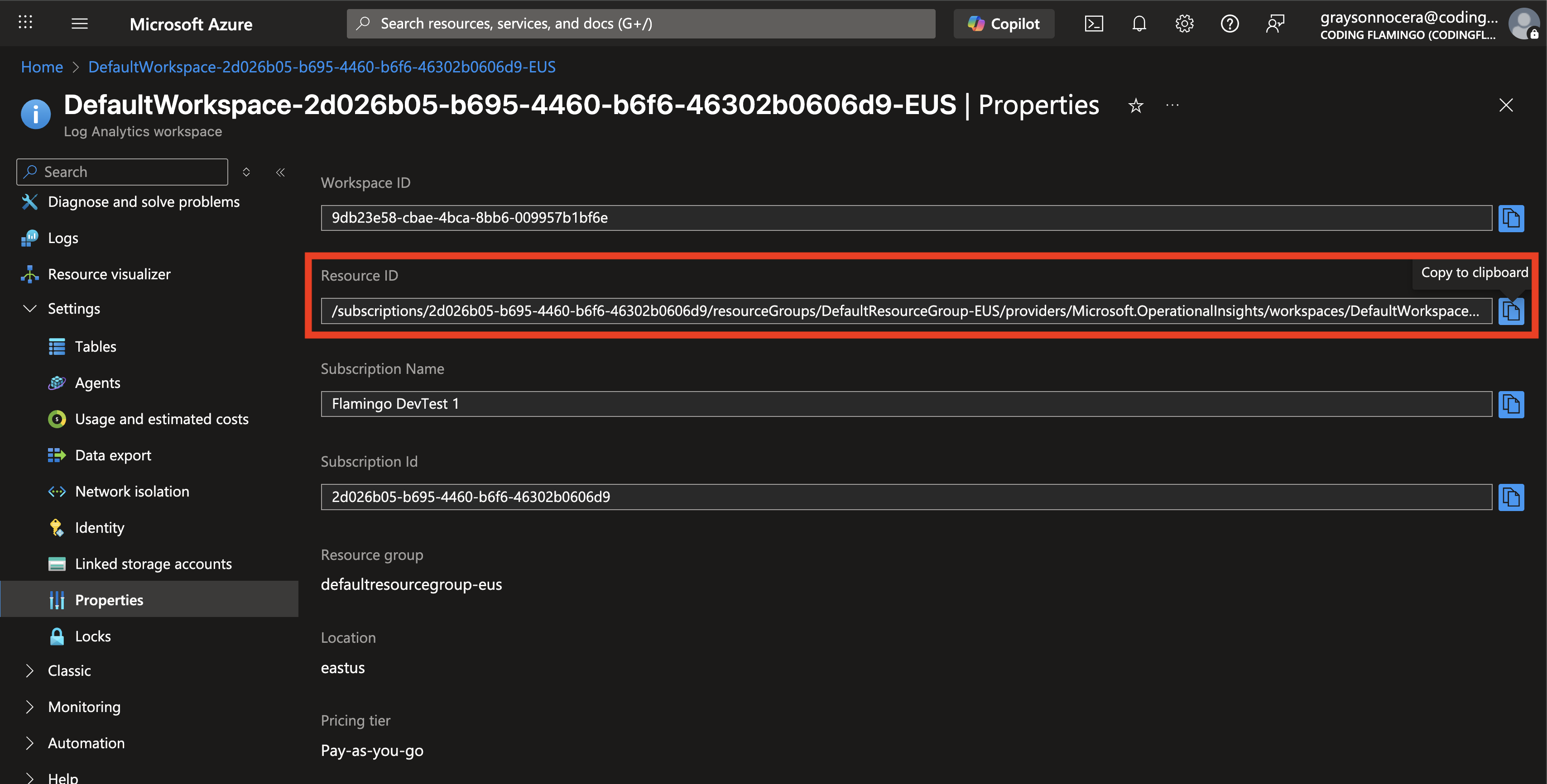Azure Log Analytics for Sentinel Copy Resource ID