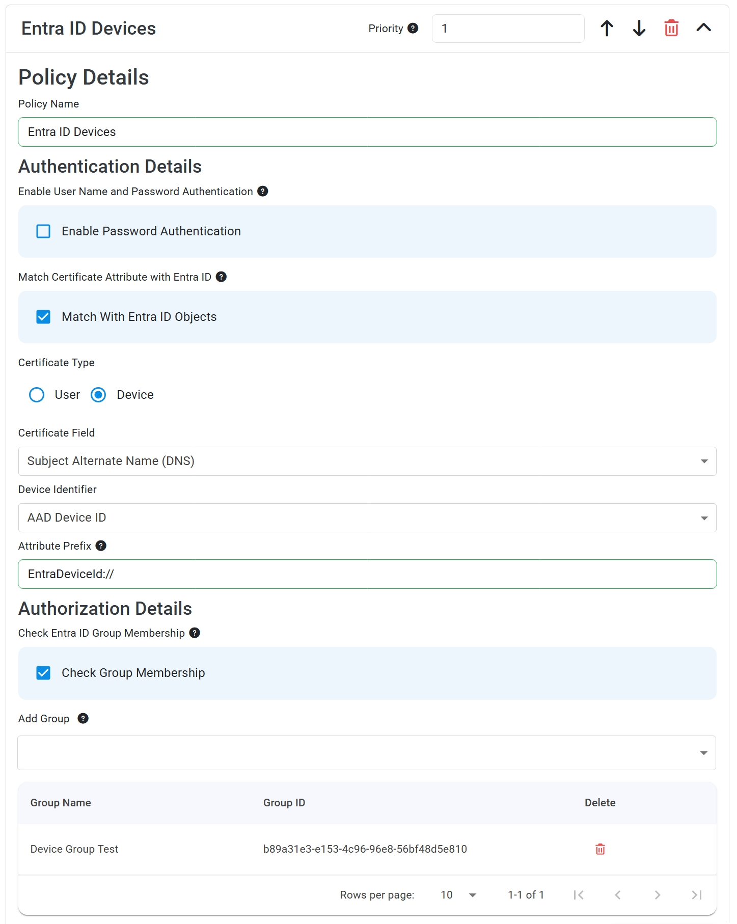 Keytos Shield Cloud RADIUS access policy with Match With Entra ID Objects enabled, Certificate Type Device, and Subject Alternative Name DNS field selected