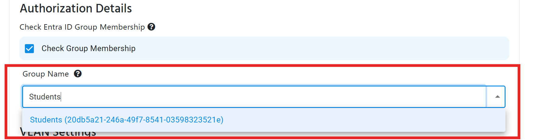 Keytos Shield Cloud RADIUS Authorization Details Group Name field with 'Students' typed and matching Entra ID group shown in dropdown