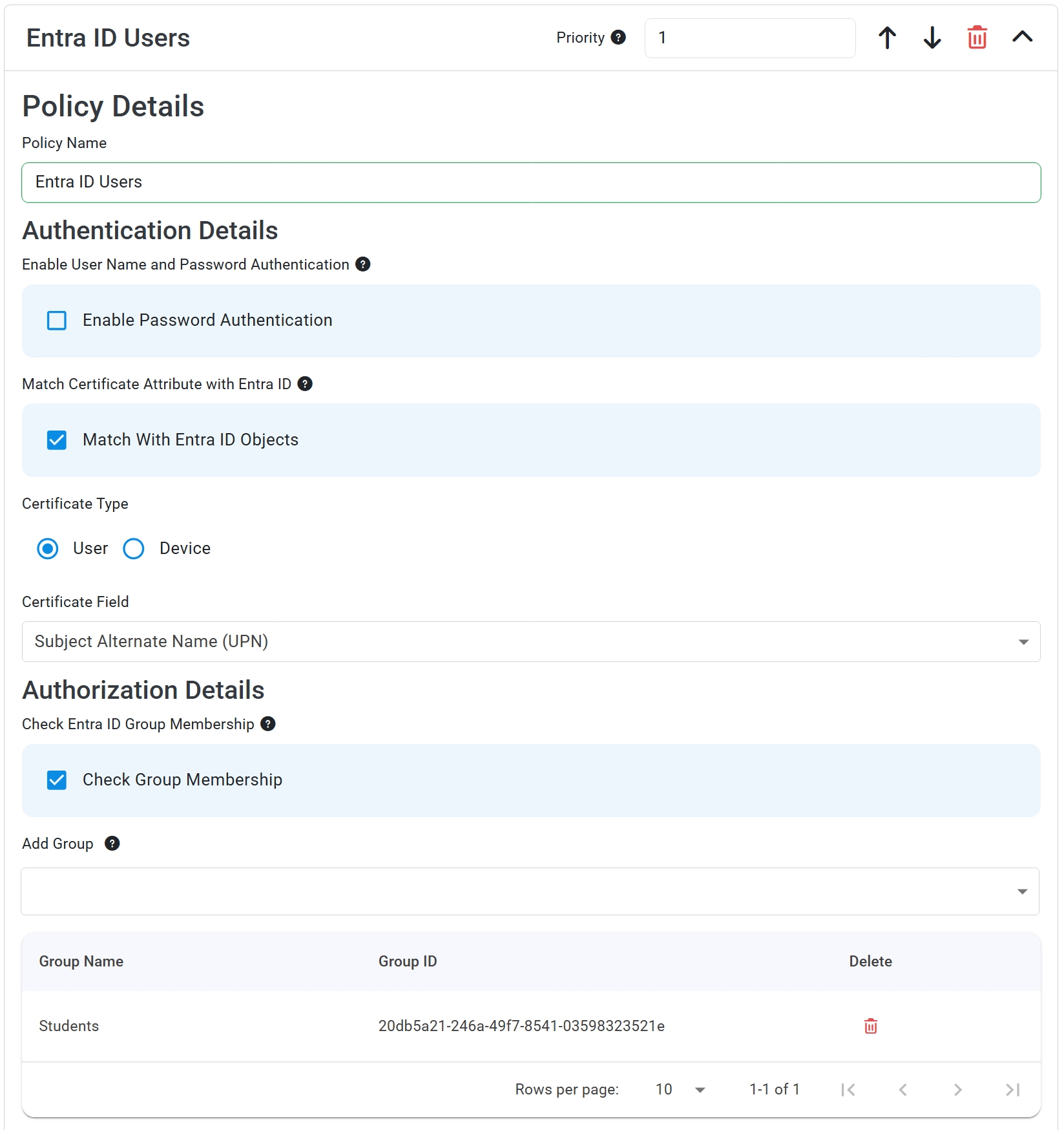 Keytos Shield Cloud RADIUS access policy with Match With Entra ID Objects enabled, Certificate Type User, and Subject Alternative Name UPN field selected
