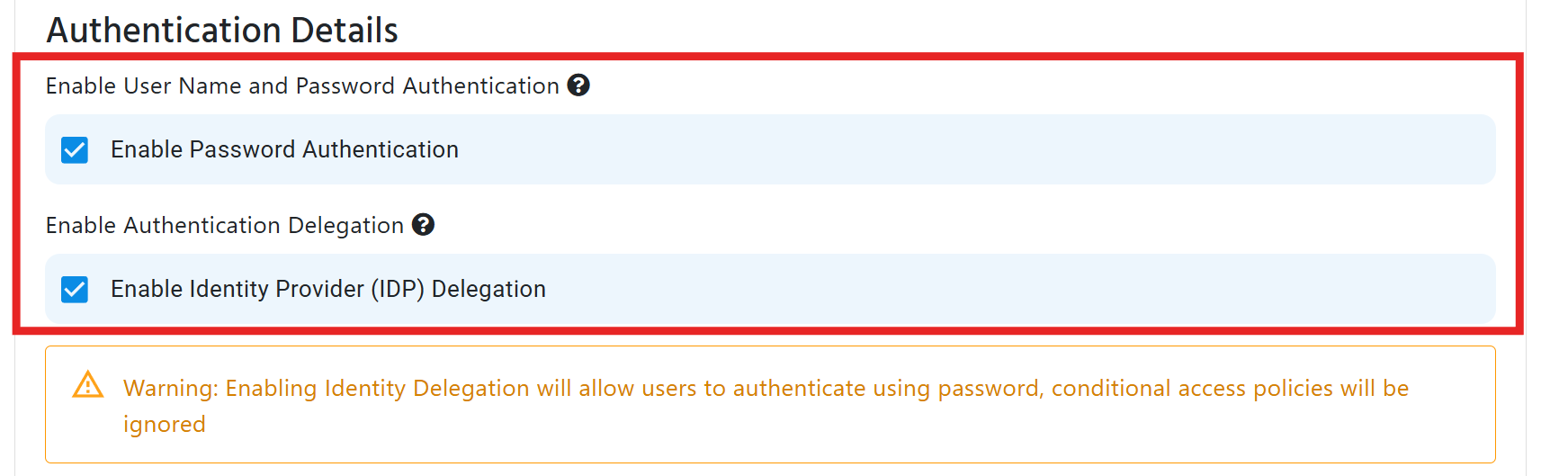 Keytos Shield Cloud RADIUS access policy Authentication Details with Enable Password Authentication and Enable Identity Provider IDP Delegation checkboxes checked
