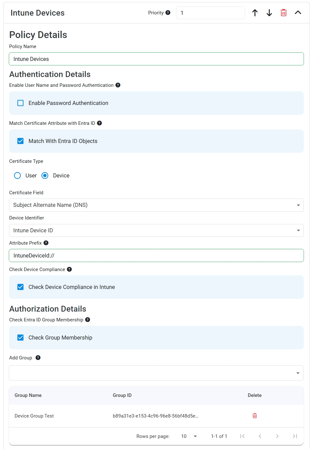Keytos Shield Cloud RADIUS access policy with Match With Intune Objects enabled, Certificate Type Device, and Subject Alternative Name DNS field selected
